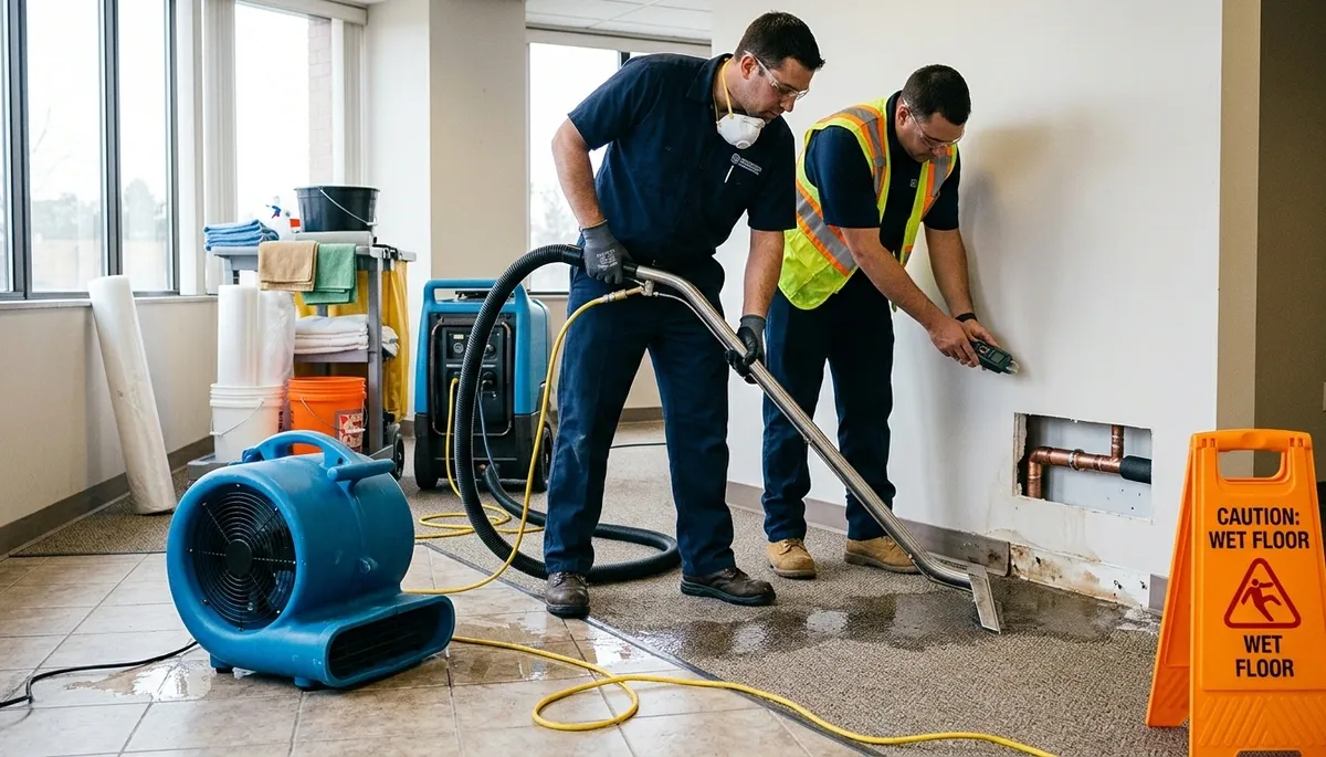 Greensboro, NC water damage crew cleaning up burst pipe damage in a home