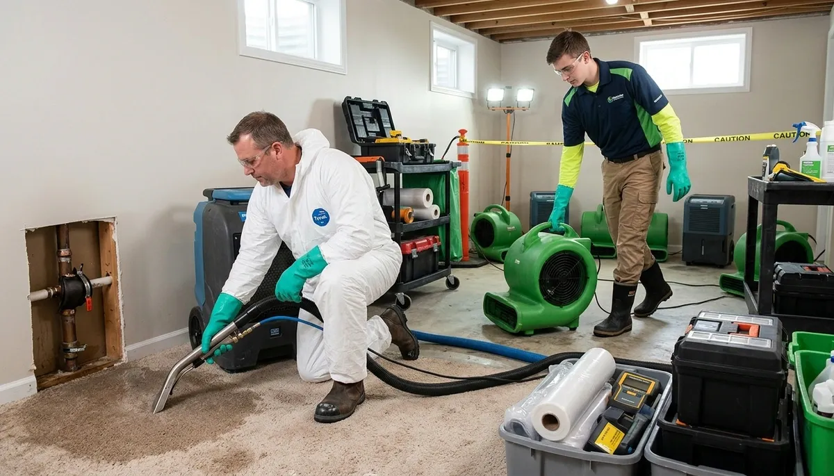 Greensboro, NC water damage team cleaning up burst pipe damage in a home