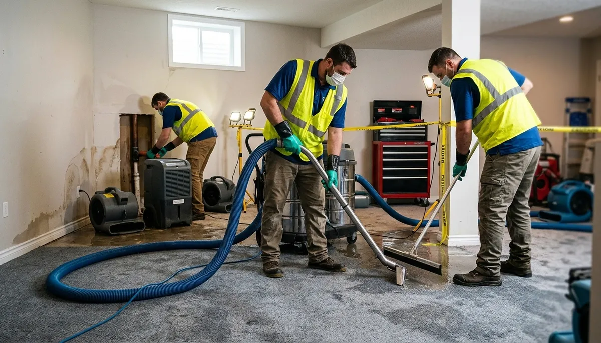 Greensboro, NC water damage crew cleaning up burst pipe damage in a home