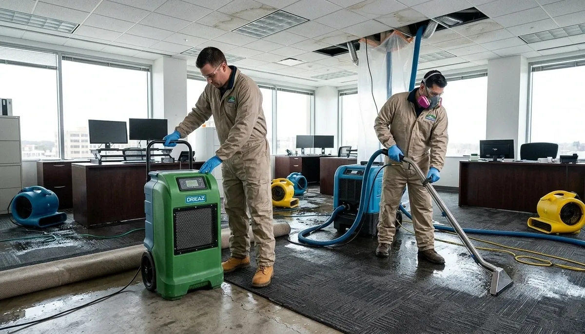 Commercial water damage restoration team in Greensboro, NC responding to flooding in a business property