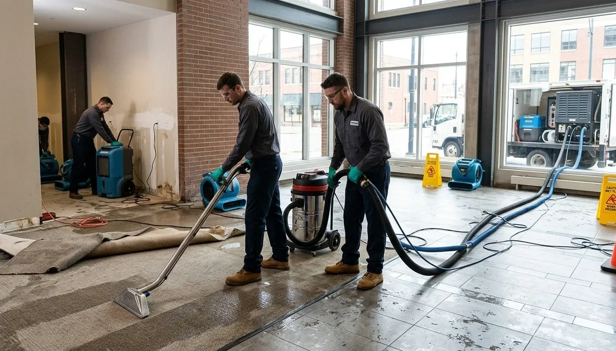 Commercial water damage restoration team in Greensboro, NC responding to flooding cleanup scene