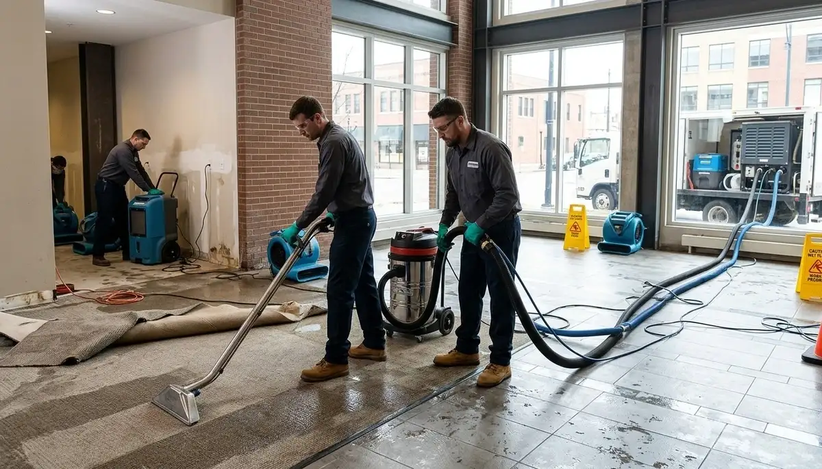 Commercial water damage restoration team in Greensboro, NC responding to flooding cleanup scene
