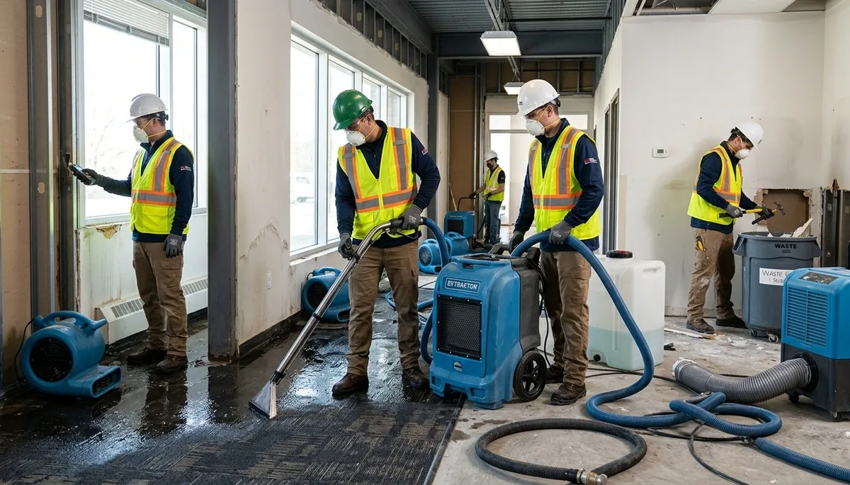 Water damage cleanup crew restoring flooded Greensboro, NC home after heavy rain intrusion
