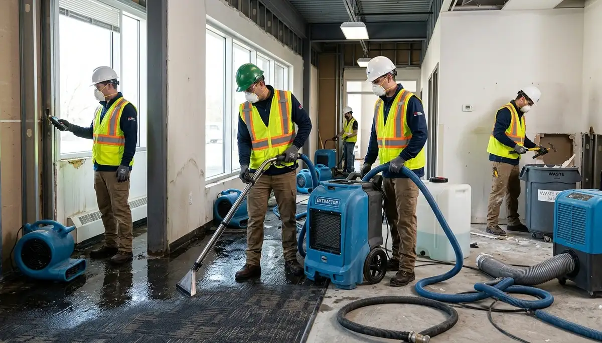 Water damage cleanup crew restoring flooded Greensboro, NC home after heavy rain intrusion