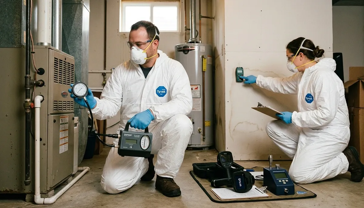 Mold inspection technician in Greensboro, NC inspecting a home for water damage and mold issues