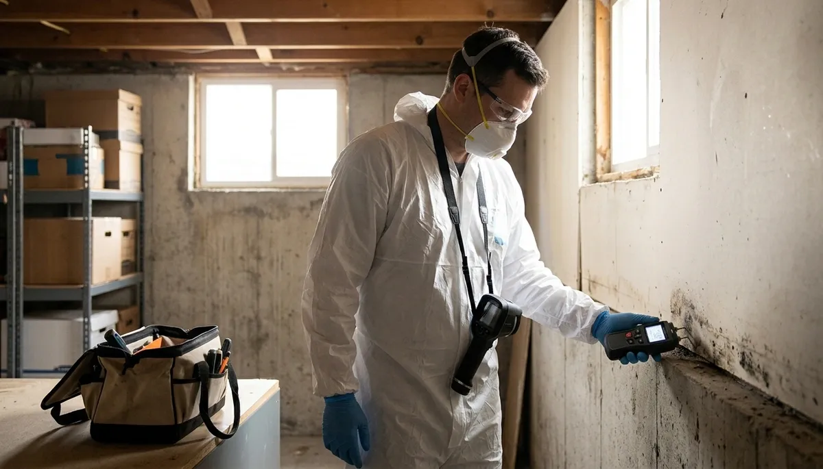 Mold inspection technician in Greensboro, NC checking a home for water damage signs