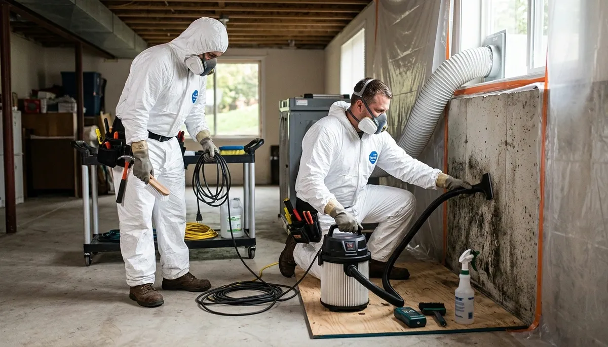 Mold removal technician inspects water damage in a Greensboro, NC home to restore indoor air quality