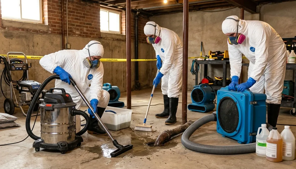 Sewage cleanup team servicing a Greensboro, NC home after overflow damage and contamination