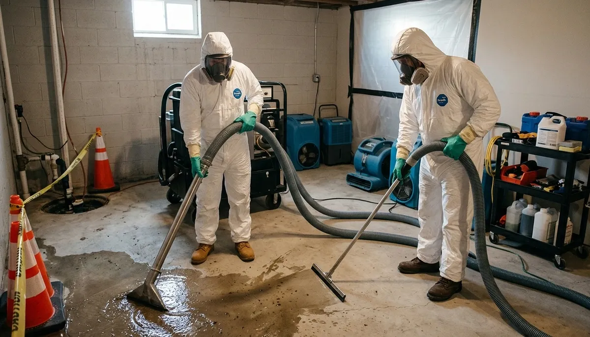 Greensboro, NC water damage crew cleaning sewage backup in a home after overflow damage