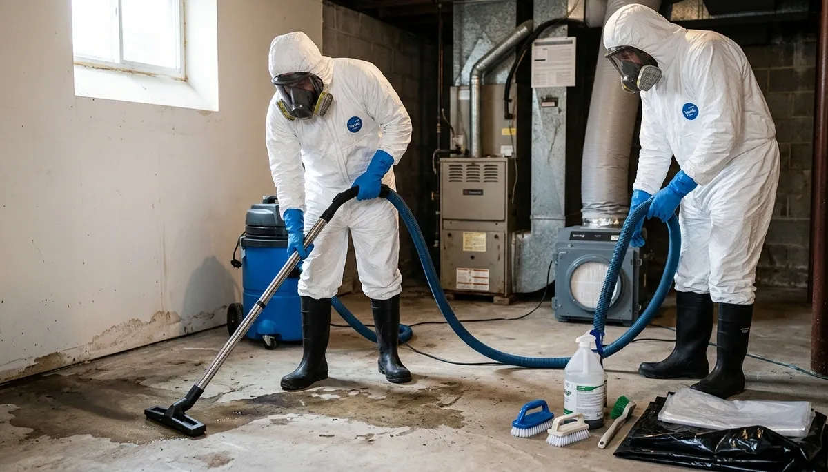 Greensboro NC water damage crew cleaning sewage from a home for safe sanitation and restoration