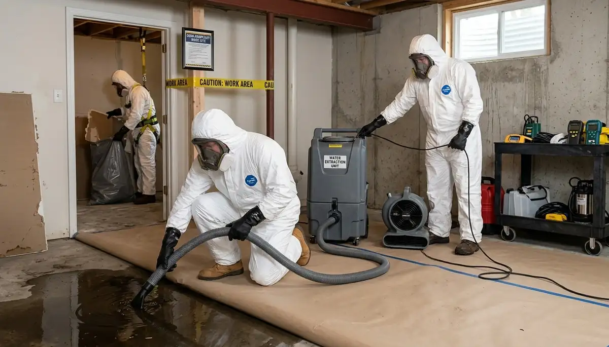 Sewage cleanup crew servicing a Greensboro, NC home after overflow damage and contamination
