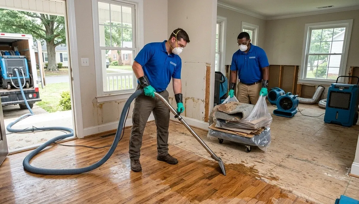 Water damage restoration team in Greensboro, NC inspecting a home for moisture damage