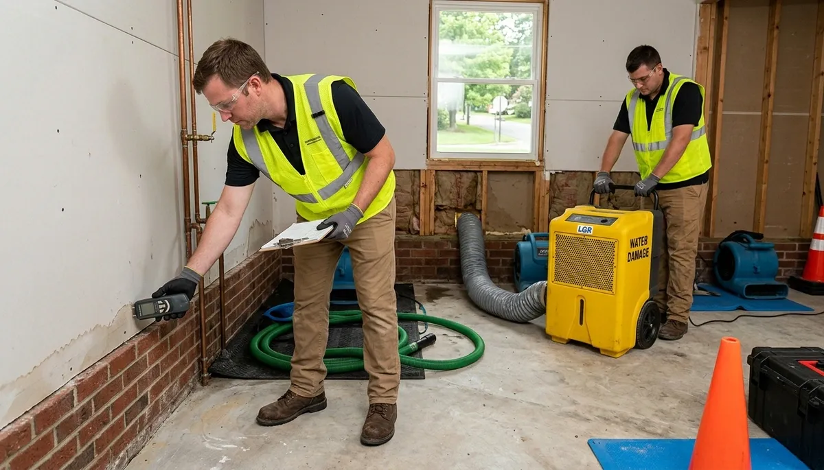 Water damage restoration team in Greensboro, NC responding to a flooded property