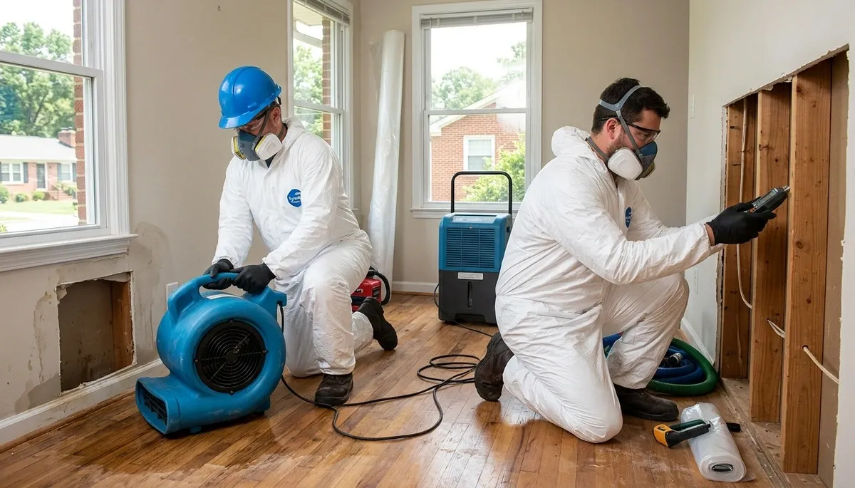Water damage restoration team in Greensboro, NC inspecting a flooded home and drying equipment