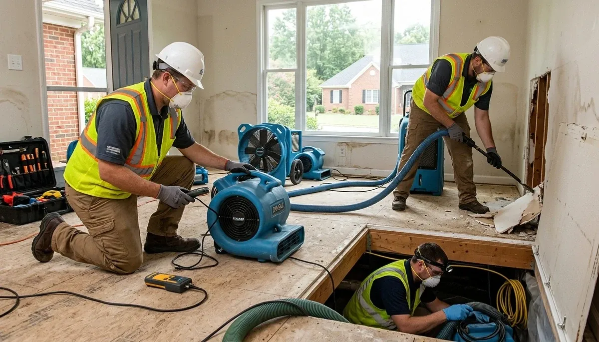 Water damage restoration team in Greensboro, NC inspecting a flooded property for cleanup and repair