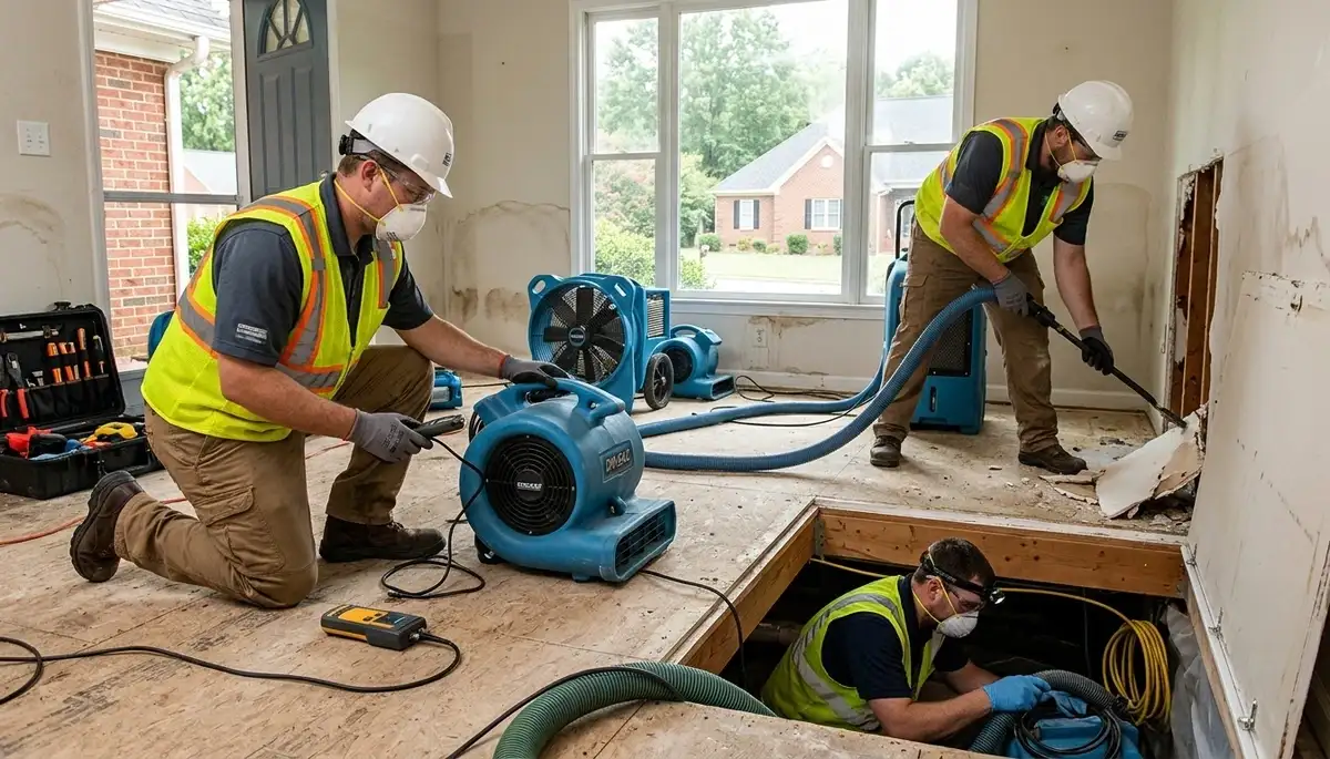 Water damage restoration team in Greensboro, NC inspecting a flooded property for cleanup and repair