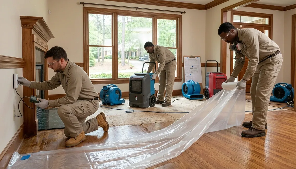 Water damage restoration team in Greensboro, NC inspecting a flooded home and drying equipment