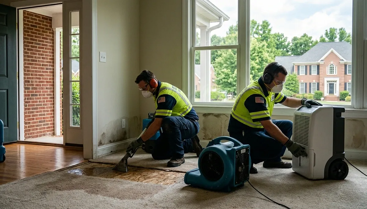 Water damage restoration team in Greensboro, NC helping restore a flooded home quickly