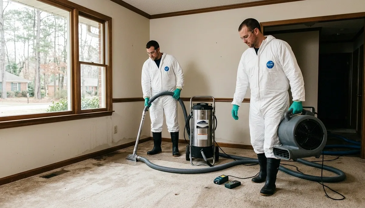 Water damage restoration team in Greensboro, NC assisting a local business site