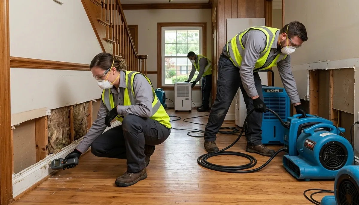Water damage restoration team in Greensboro, NC inspecting a flooded home with drying equipment
