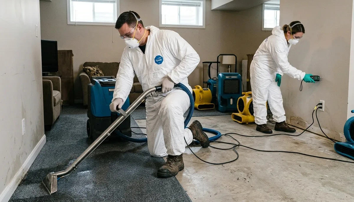Water damage restoration team in Greensboro, NC drying flooded home interior