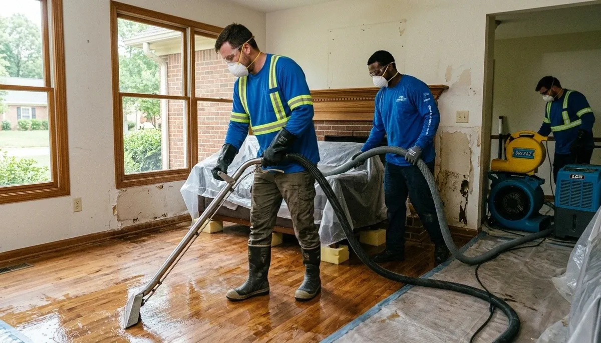 Water damage restoration team in Greensboro, NC inspecting a damaged property