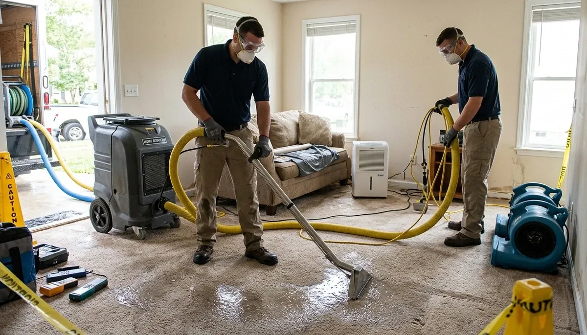 Water extraction team in Greensboro, NC removing flood water from a home floor